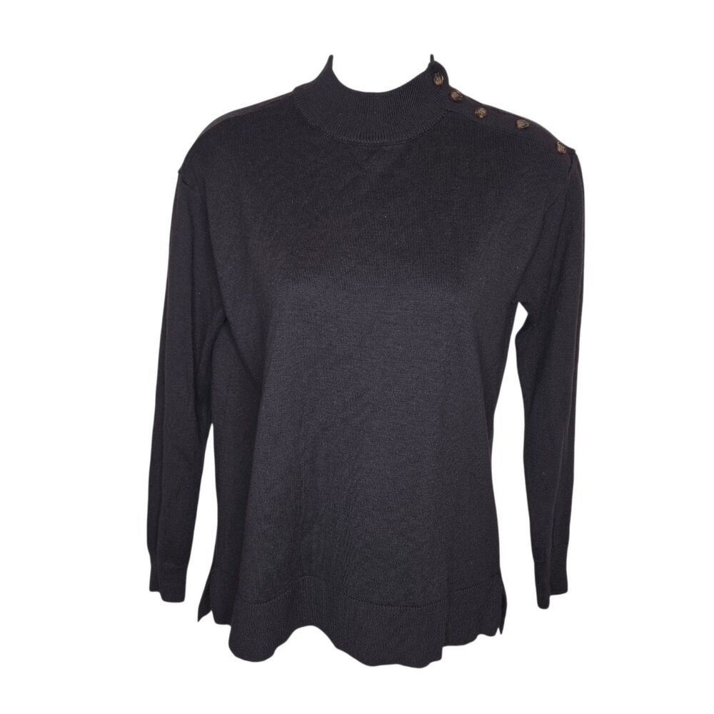 Ann Taylor Petite Mock Neck Button Shoulder Sweater Black Knit XXSP